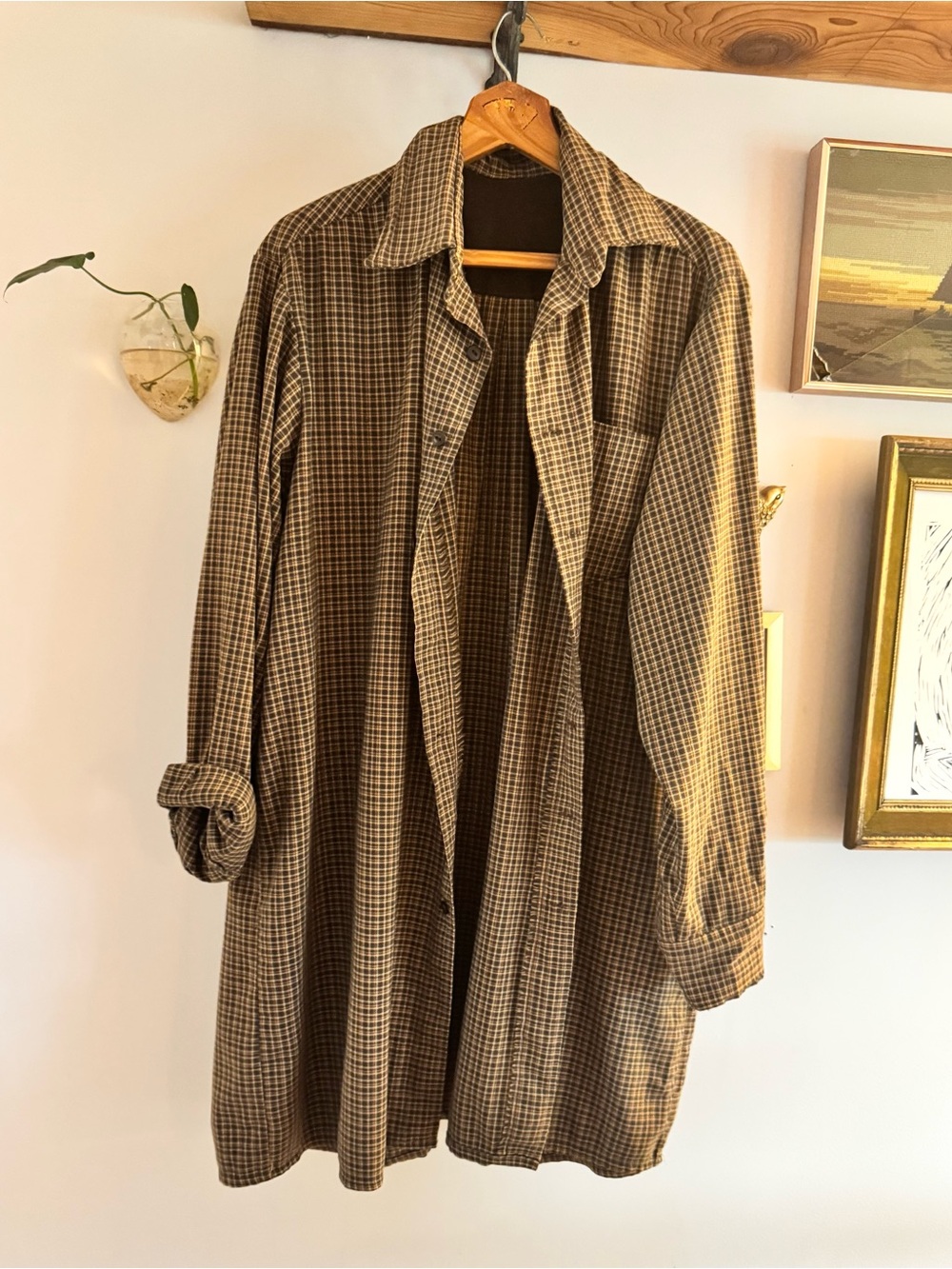 Long, Oversized Plaid Button-Front Shirt Jacket in Brown